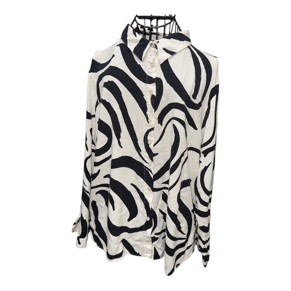 Cream and Black Asymmetrical Button Down Shirt with Notched Collar - Picture 2 of 7